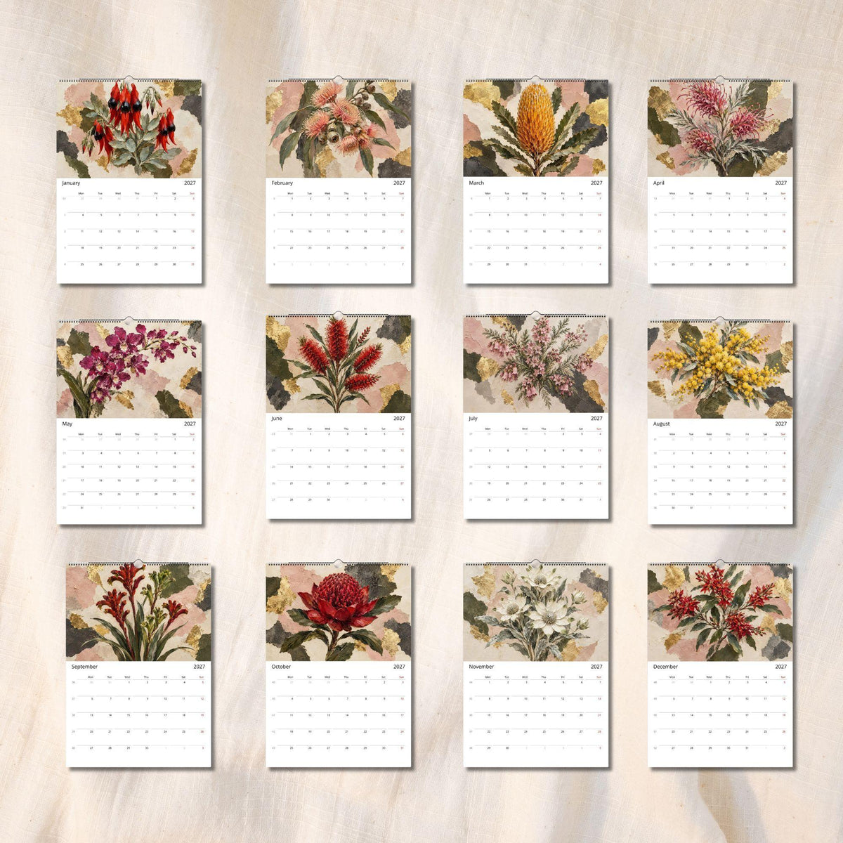 Australian Native Flowers 2027 Wall Calendar | A3 UK Edition Fine Art Botanical Wildflower Calendar
