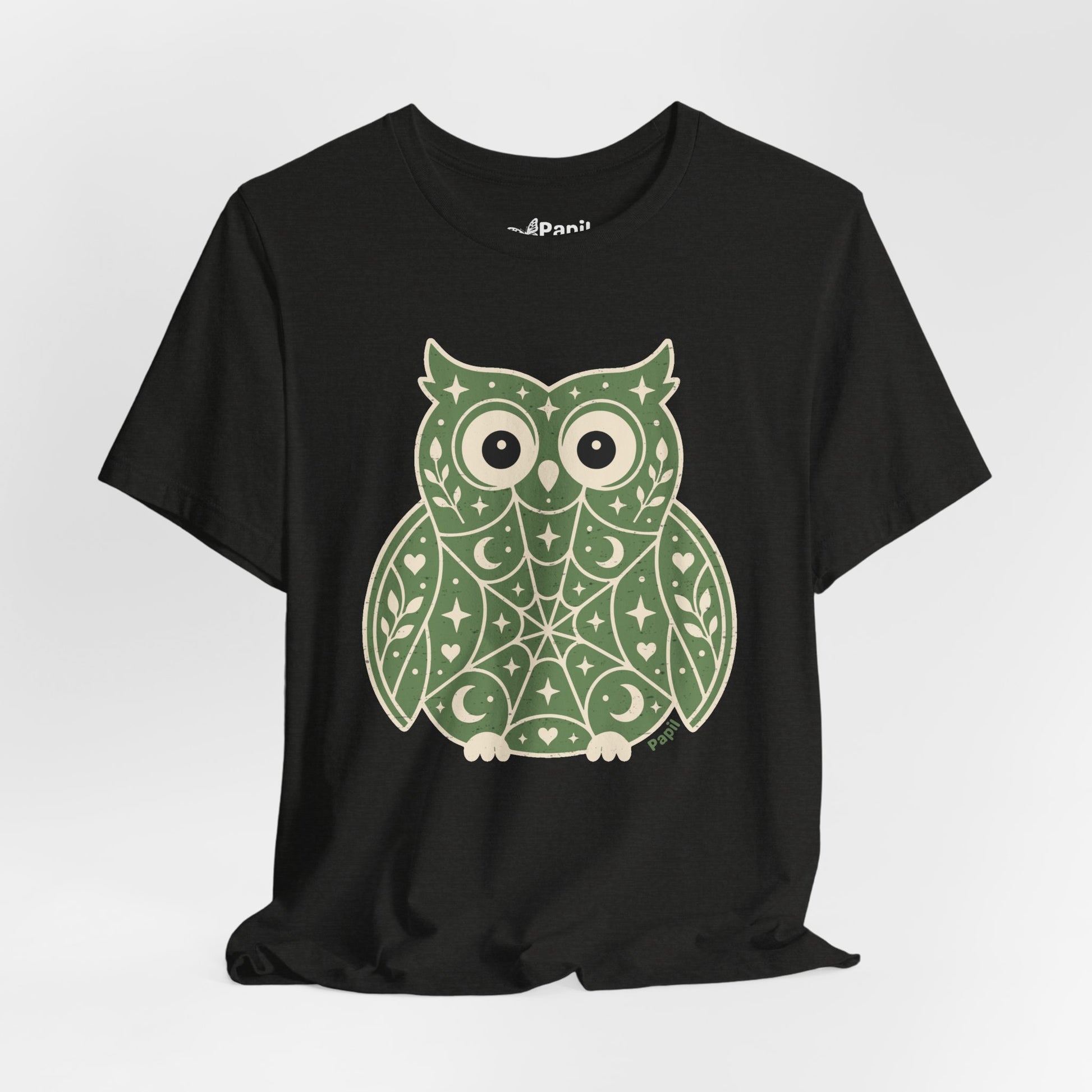 Enchanted Owl Halloween Tee, Whimsical Woodland Graphic (Green)