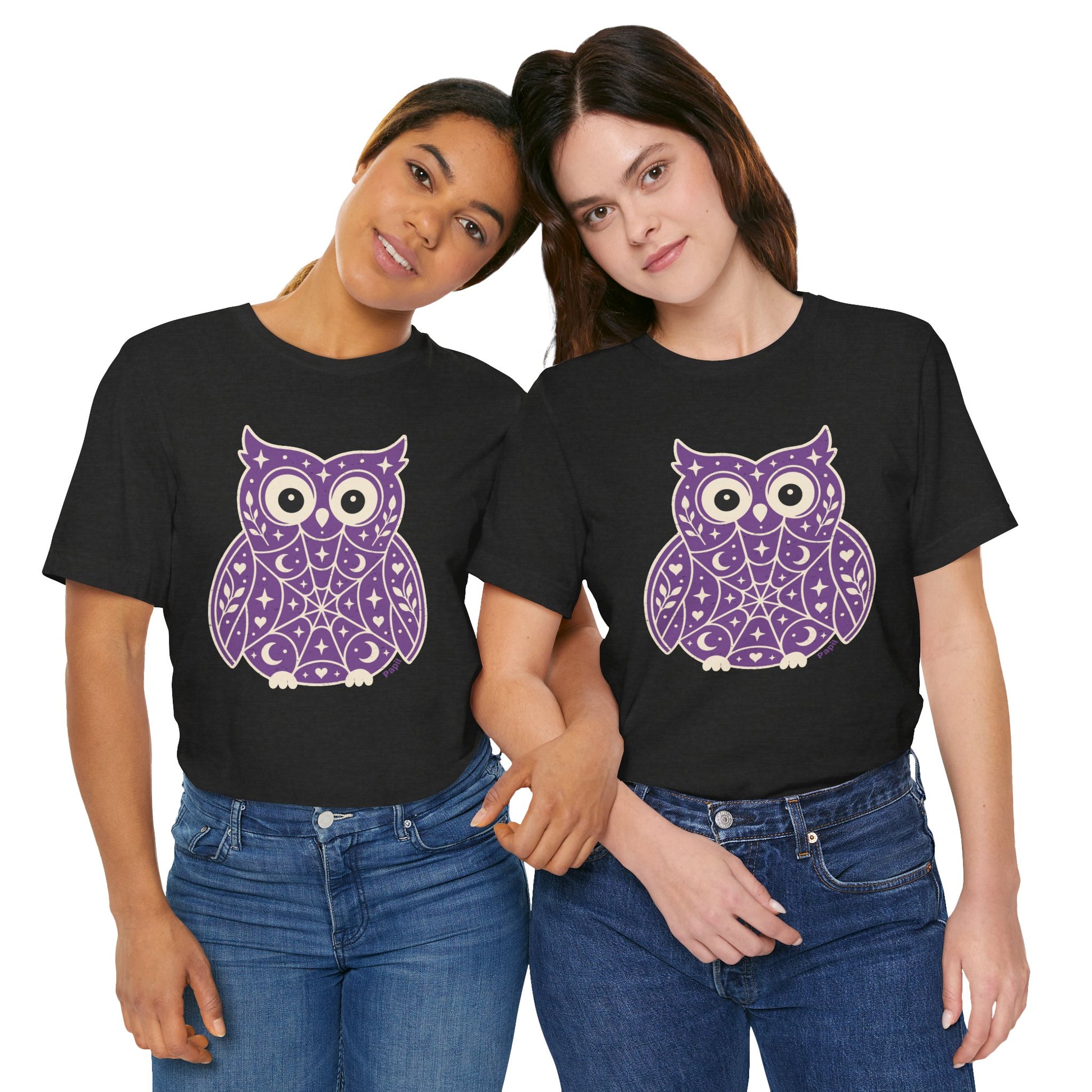 Enchanted Owl Halloween Tee, Whimsical Woodland Graphic (Purple)