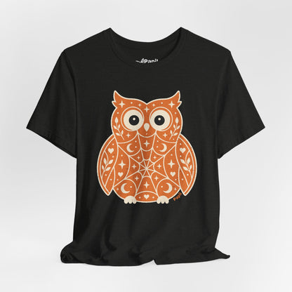 Enchanted Owl Halloween Tee, Whimsical Woodland Graphic (Orange)