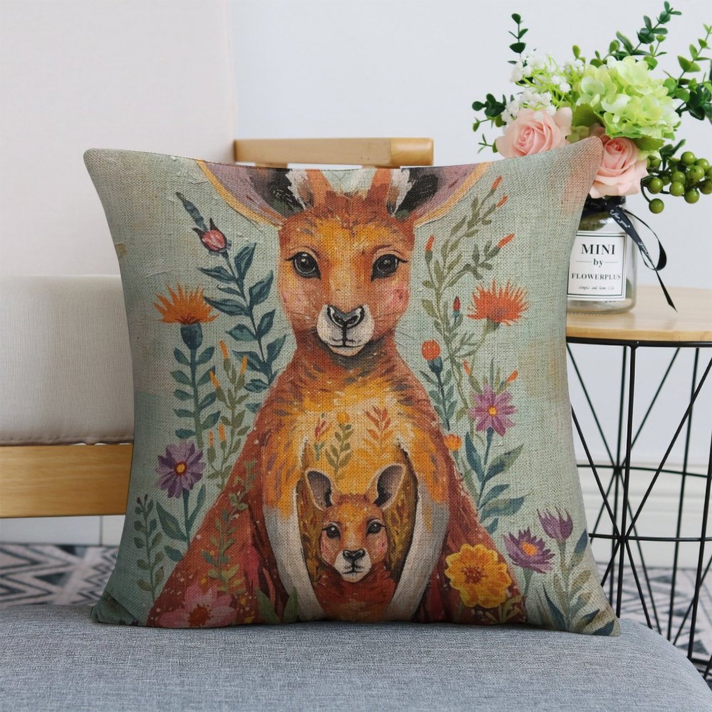Kangaroo & Joey Australian Wildflower Watercolour Cushion Cover — US-Made, Single-Sided Print, 45×45cm