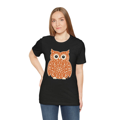 Enchanted Owl Halloween Tee, Whimsical Woodland Graphic (Orange)