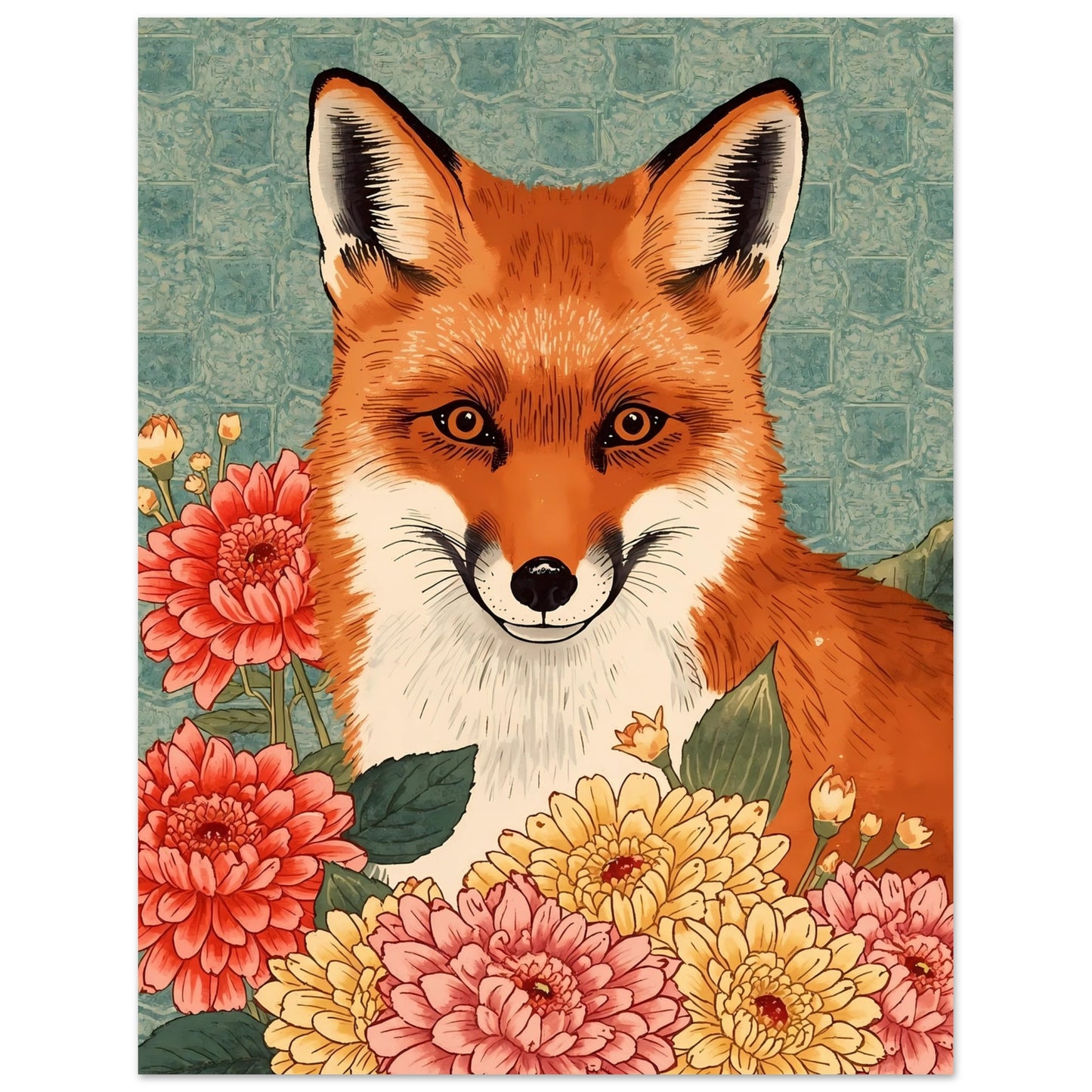 Floral Fox Ukiyo-e Wall Art Poster 27x35 cm 11x14″