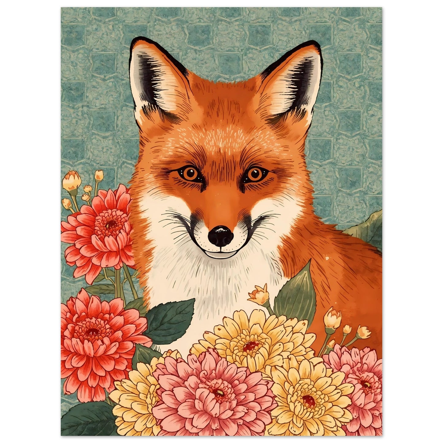 Floral Fox Ukiyo-e Wall Art Poster 75x100 cm 30x40″