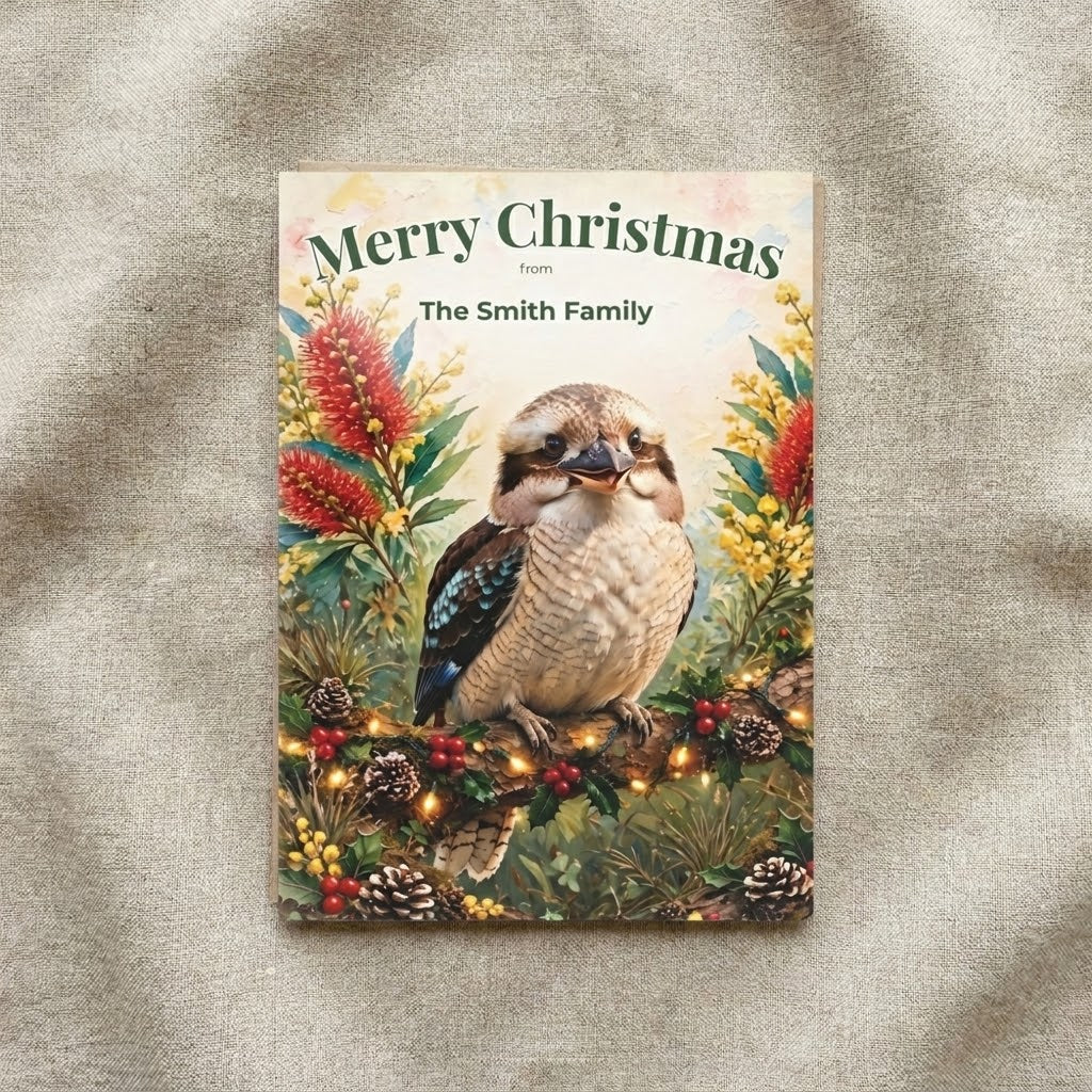 Australian Animals Christmas Flat Greeting / Note Cards 5-Pack | Wombat, Kangaroo, Kookaburra, Platypus & Koala