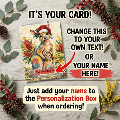 Personalised Kangaroo Christmas Folded Greeting Card | Australian Animals