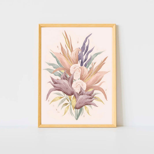 Bohemian Bloom Fine Art Poster - Pastel Floral Elegance with Gold Accents