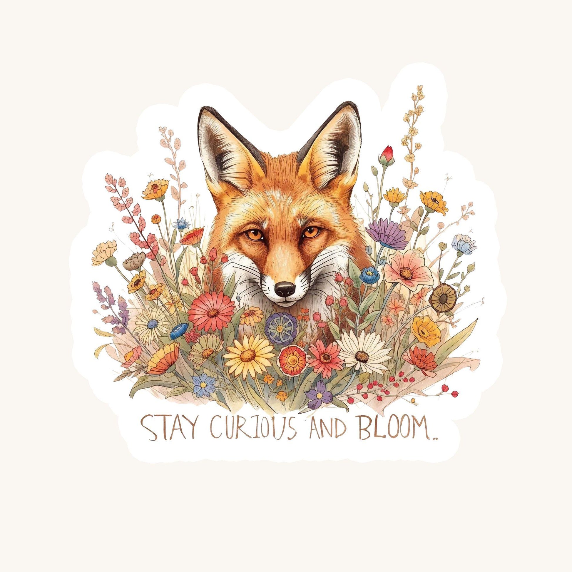 Stay Curious Fox in Wildflowers | Nature | White Gloss Vinyl | Die-Cut Sticker
