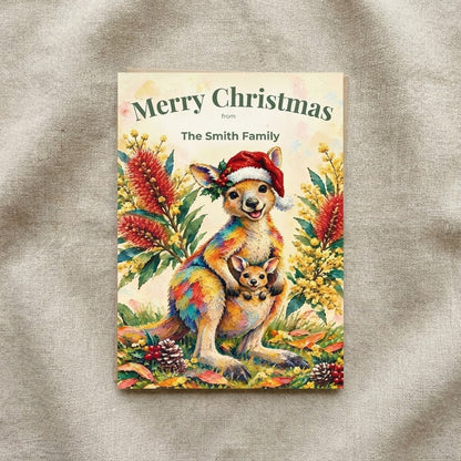 Australian Animals Christmas Flat Greeting / Note Cards 5-Pack | Wombat, Kangaroo, Kookaburra, Platypus & Koala