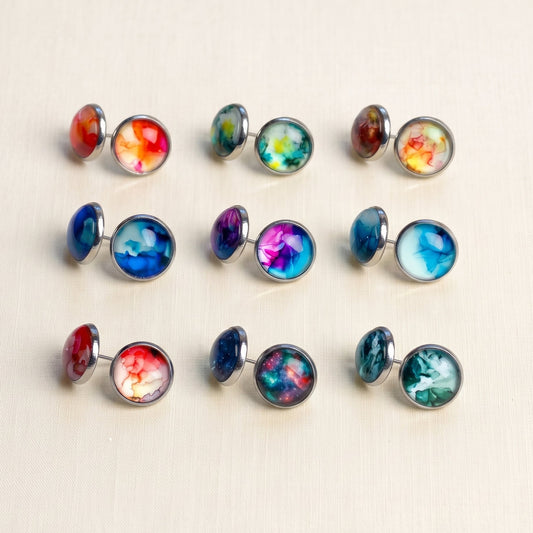 Watercolour Stud Earrings, Handmade Colourful Studs
