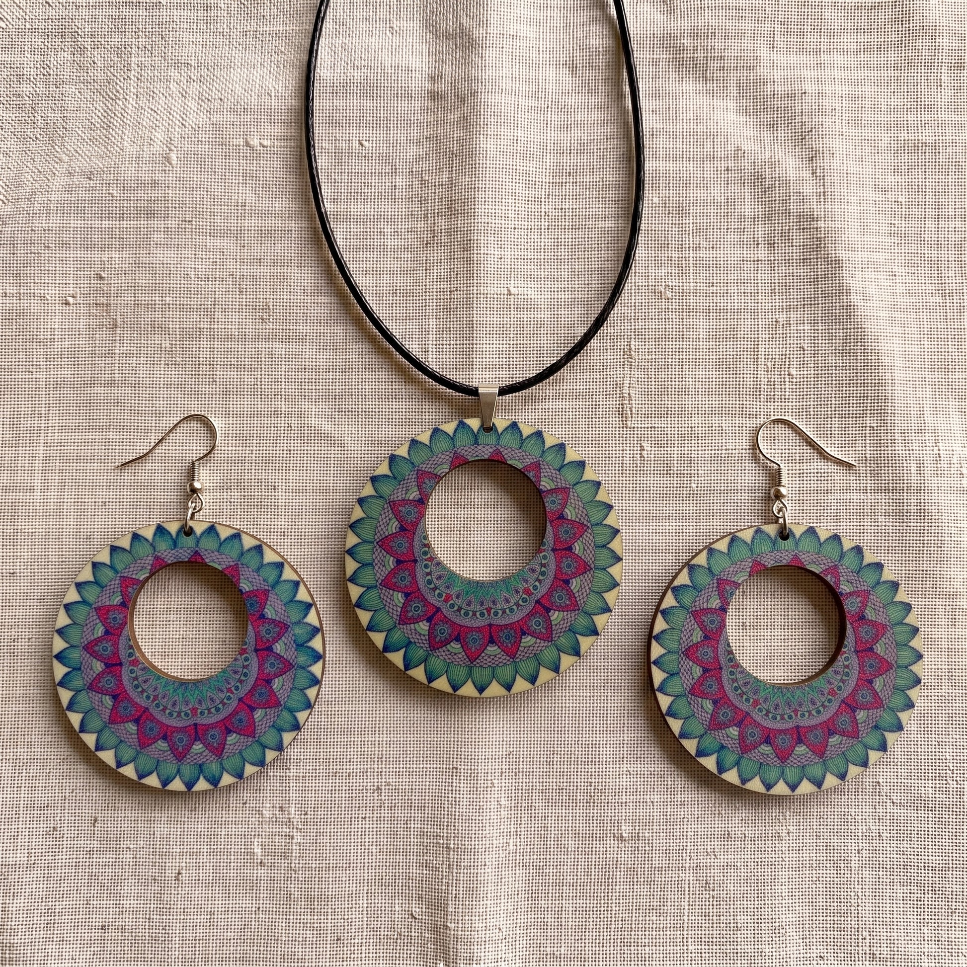 Boho Wooden Necklace & Earrings Set – Style 7, Handmade Matching Printed Wood Jewellery