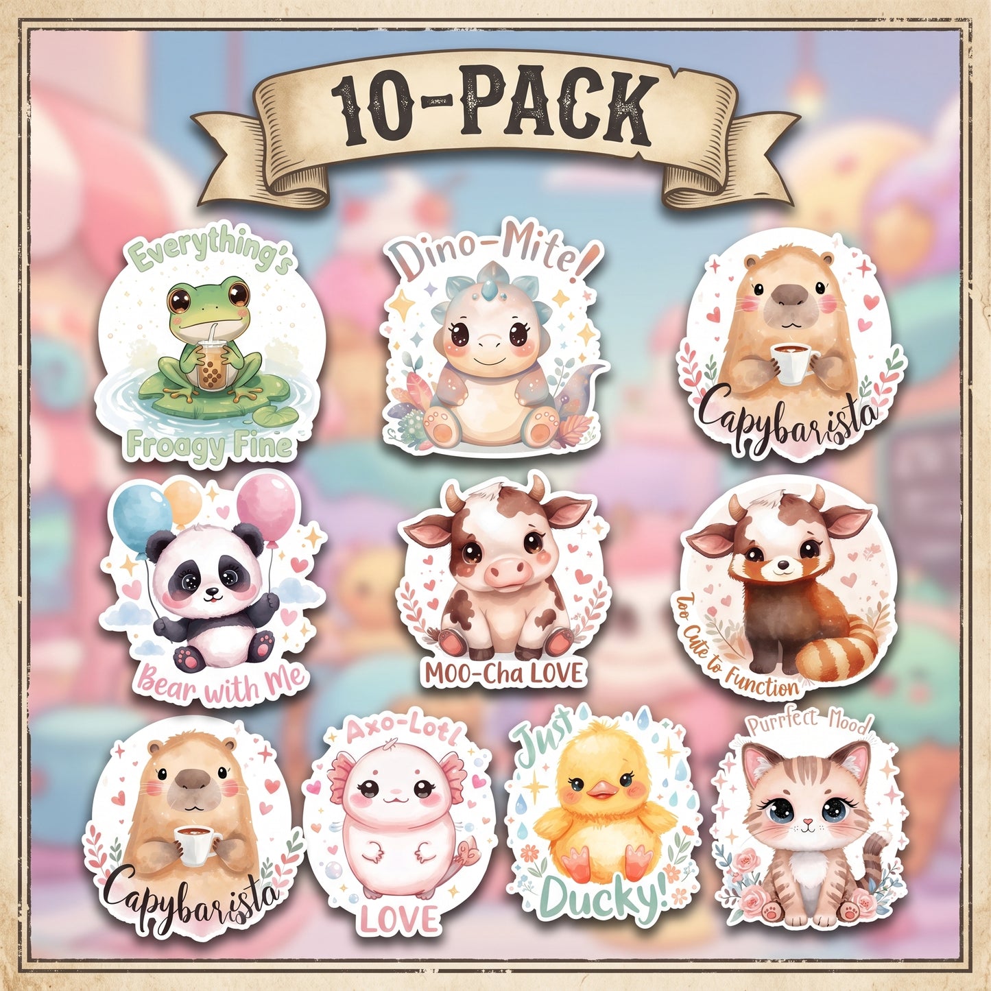 Kawaii Animals Sticker 10-Pack | Cute Vinyl Decal Bundle