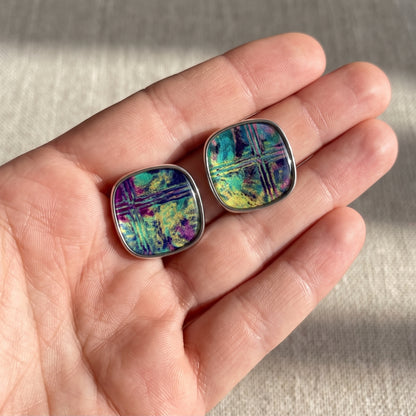 Colourful Printed Square Stud Earrings, Handmade Bold Statement Studs