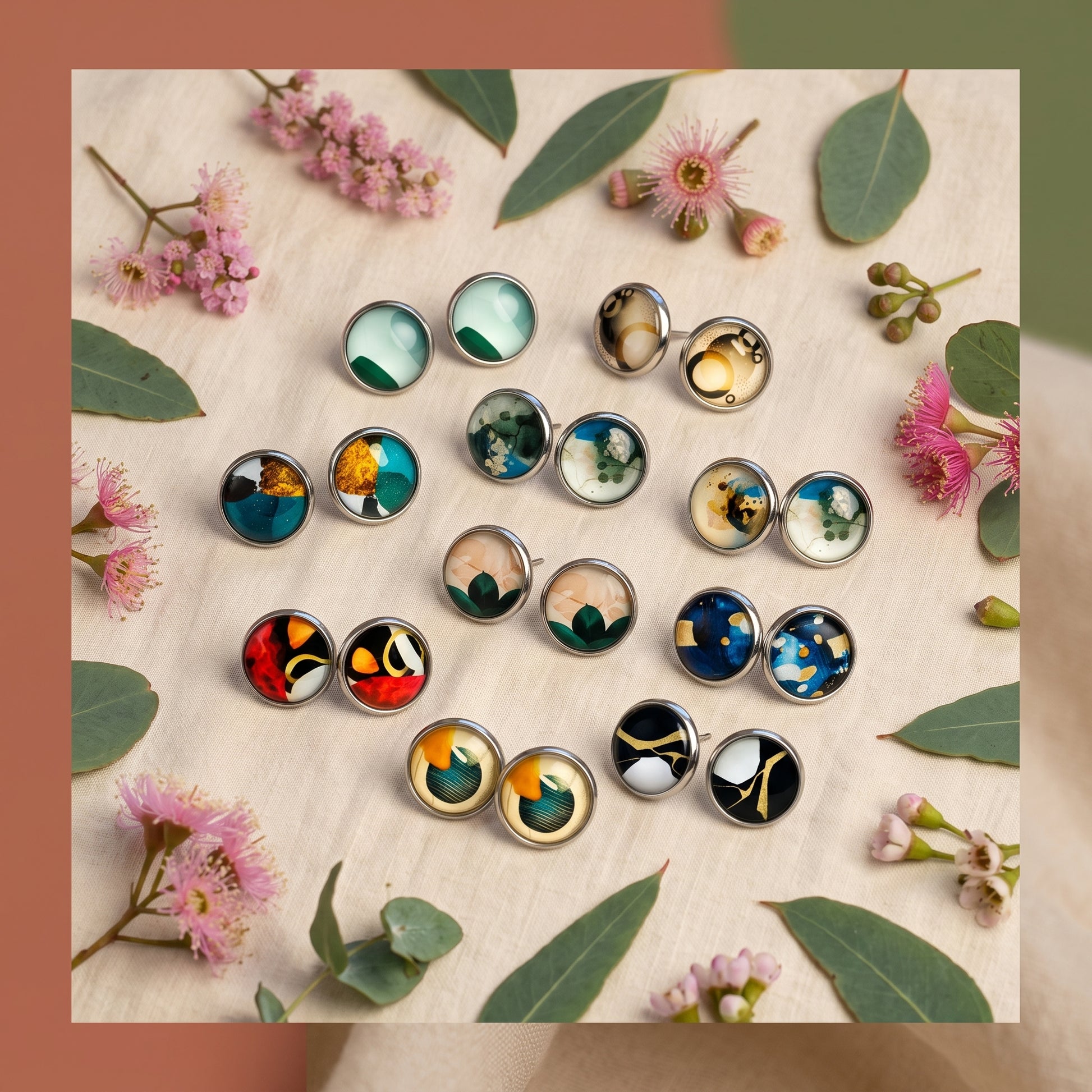 Geometric Artwork Stud Earrings, Handmade Colourful Glass Cabochon Studs