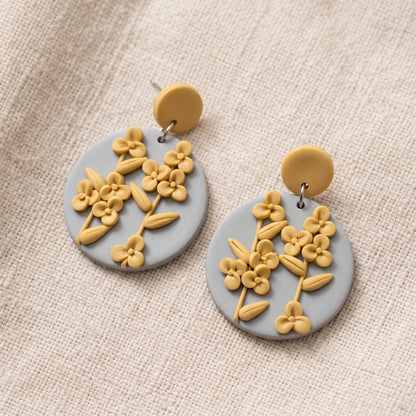Grey & Yellow Floral Polymer Clay Dangle Earrings | 5cm | New