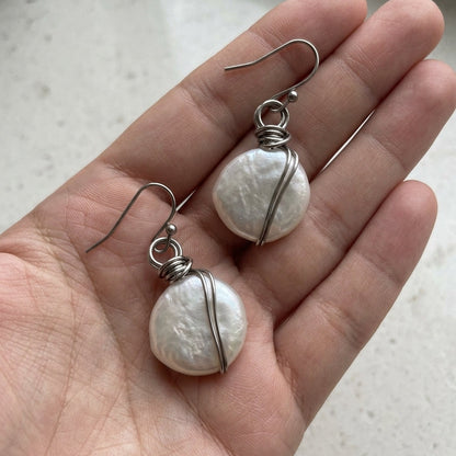Wire-Wrapped Coin Pearl Drop Earrings – Natural Freshwater Pearl, Handmade