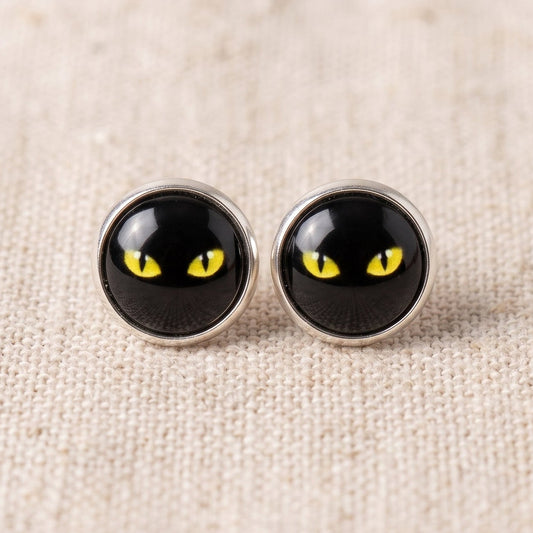 Black Cat Eyes Stud Earrings, Handmade Glass Cabochon Studs