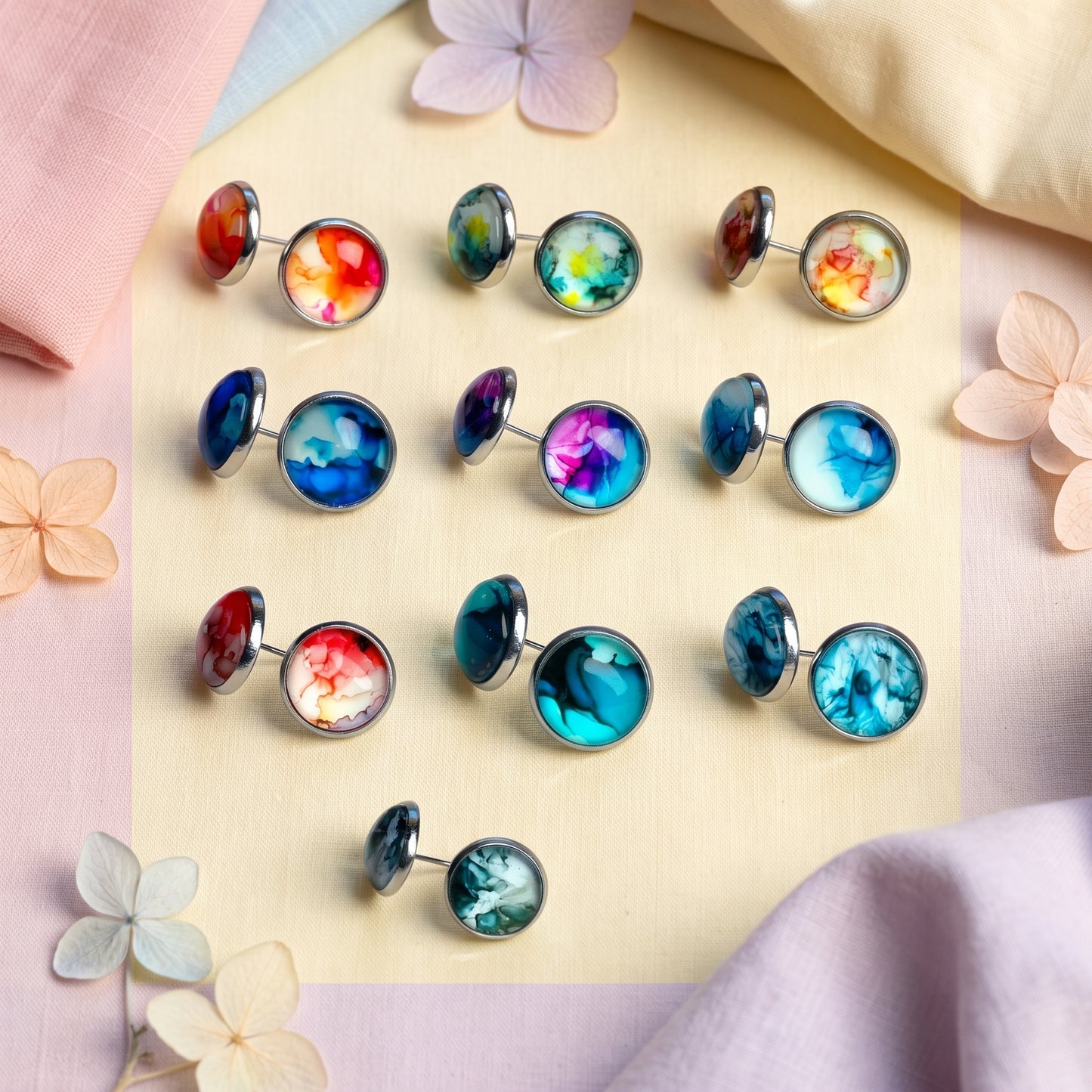 Watercolour Stud Earrings, Handmade Colourful Studs