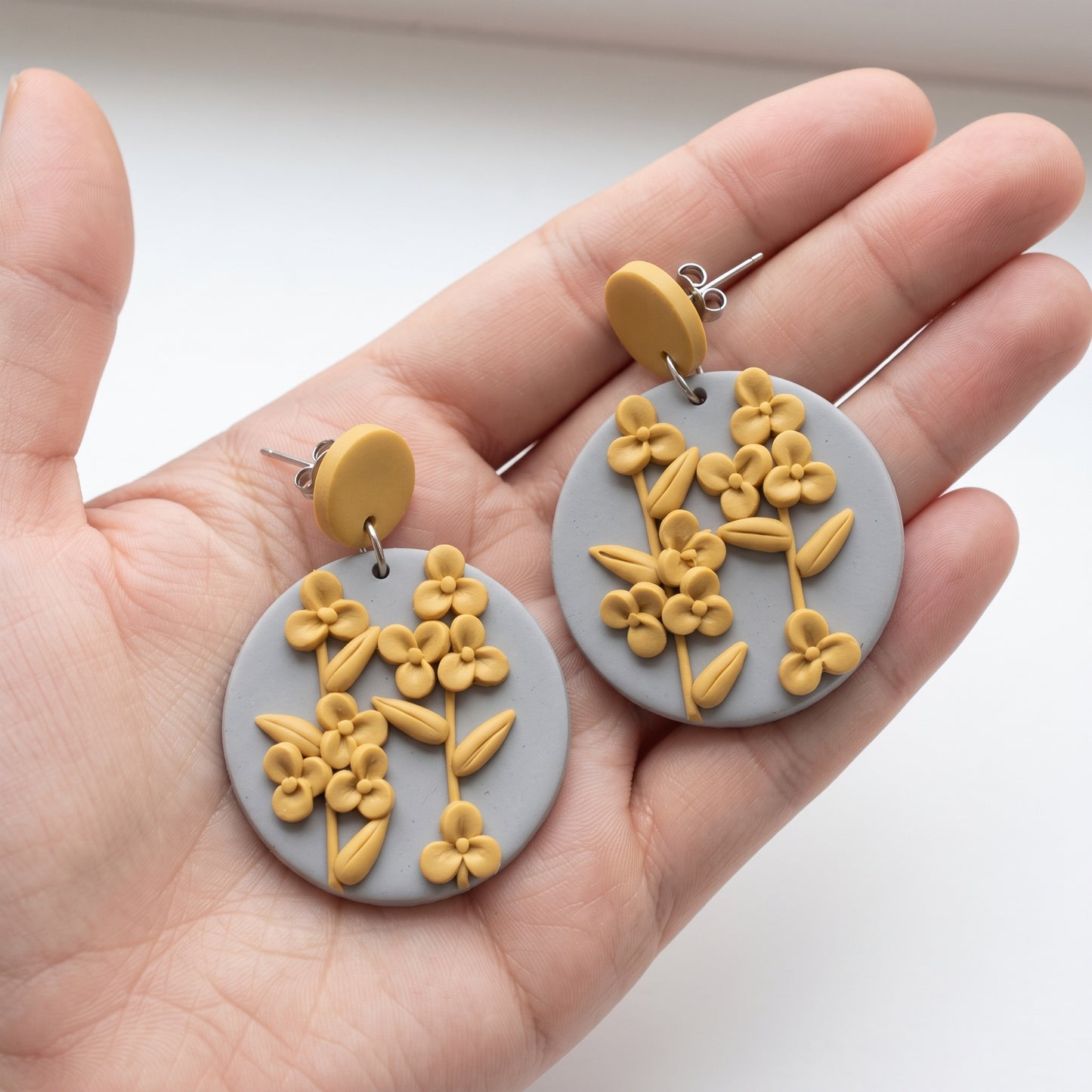 Grey & Yellow Floral Polymer Clay Dangle Earrings | 5cm | New