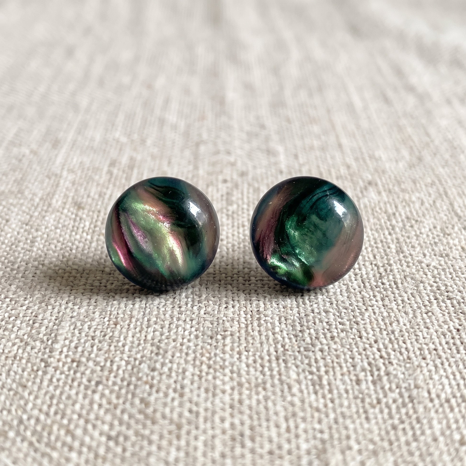 Aurora Borealis Swirl Studs, Handmade Iridescent Dome Earrings