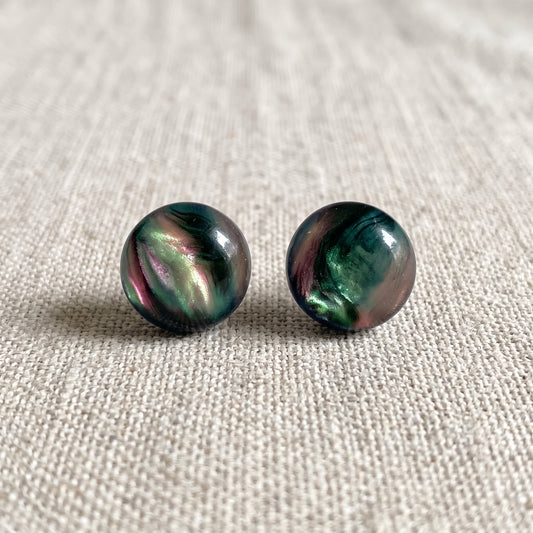 Aurora Borealis Swirl Studs, Handmade Iridescent Dome Earrings