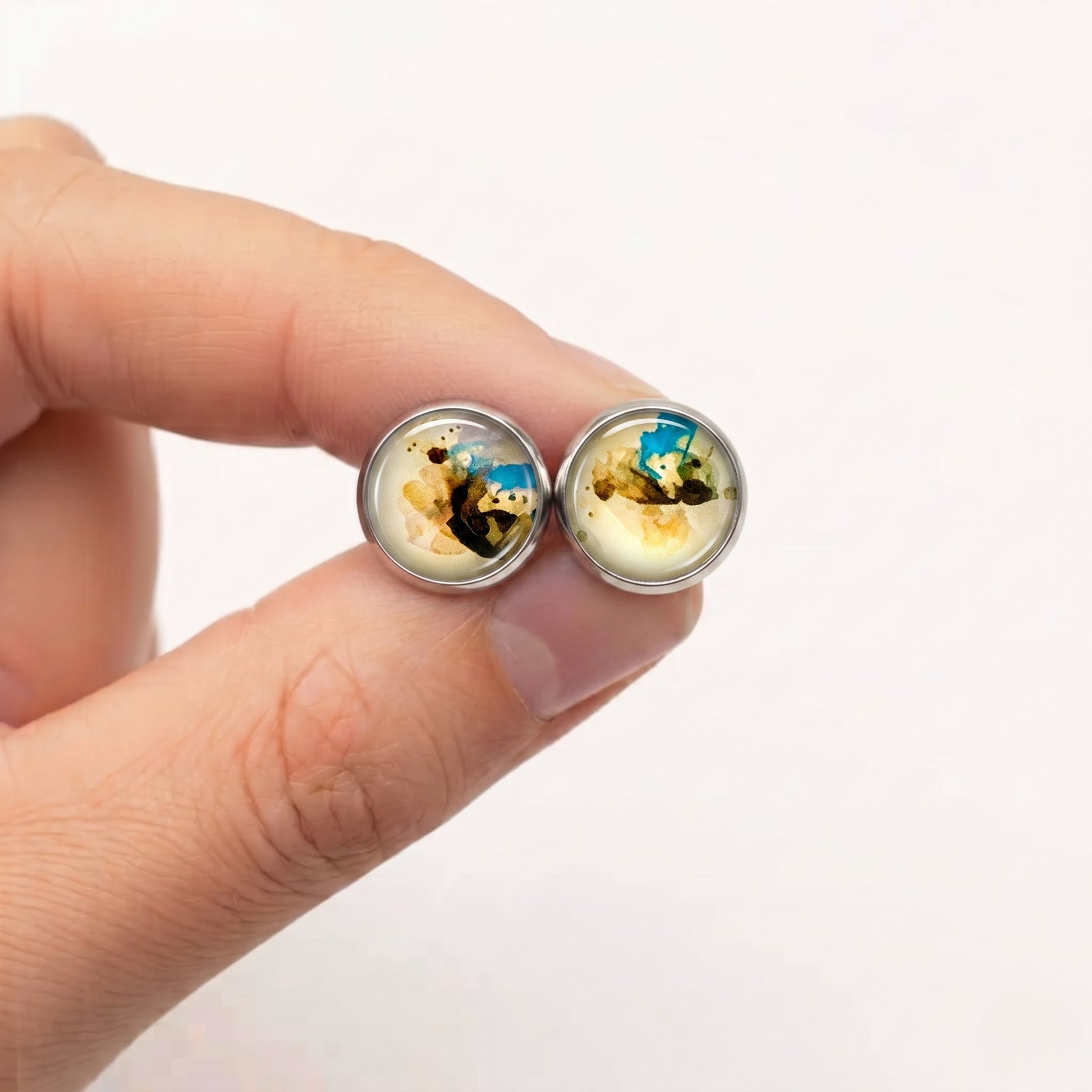 Geometric Artwork Stud Earrings, Handmade Colourful Glass Cabochon Studs