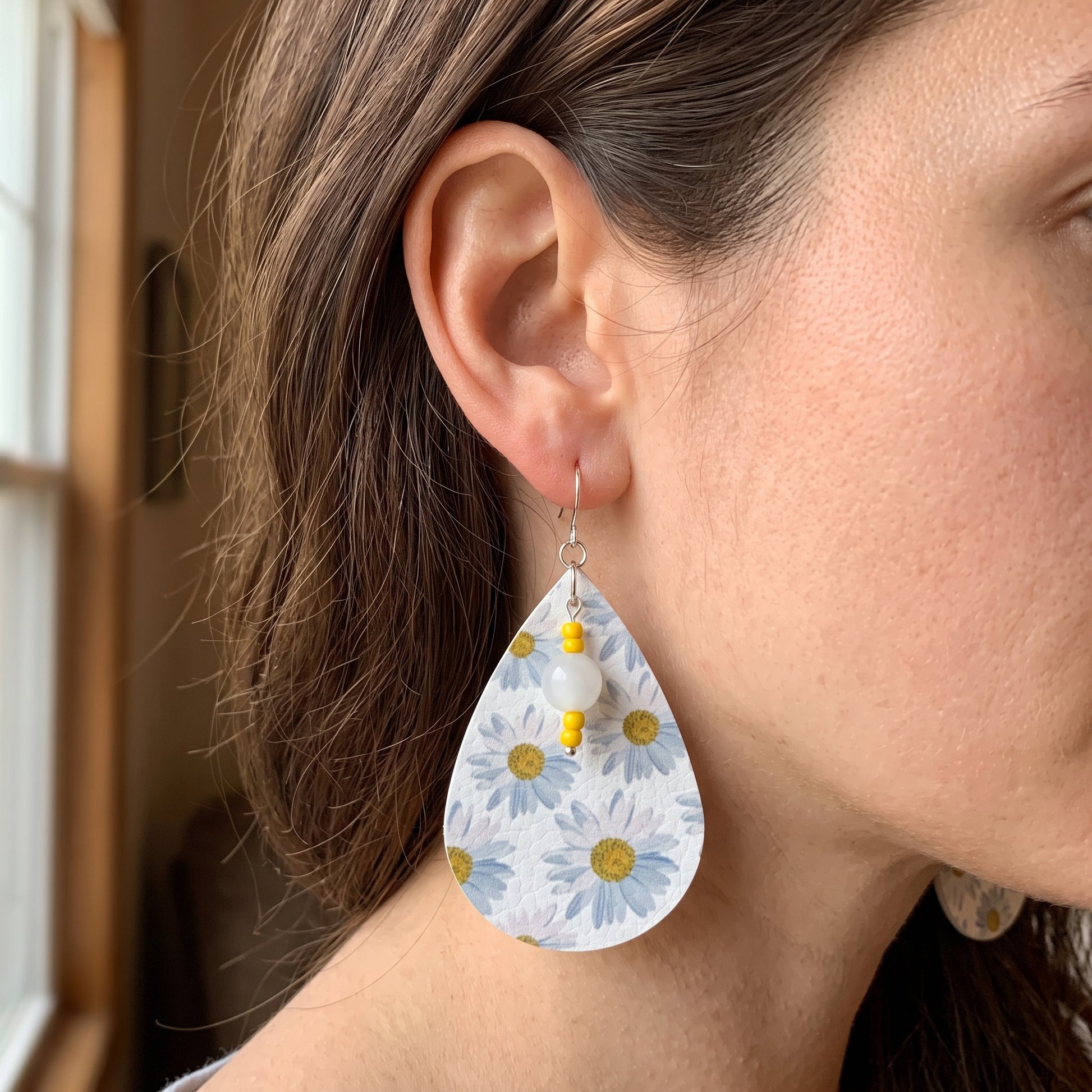 Handmade Sunflower Teardrop Earrings – Lightweight Faux Leather Dangles with Silver Hooks