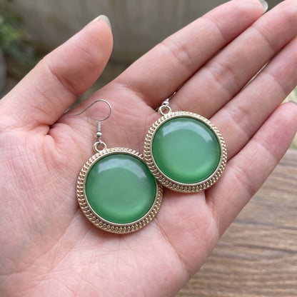 Sage Green 30mm Glass Dangle Silver Earrings – Handmade Boho Drop