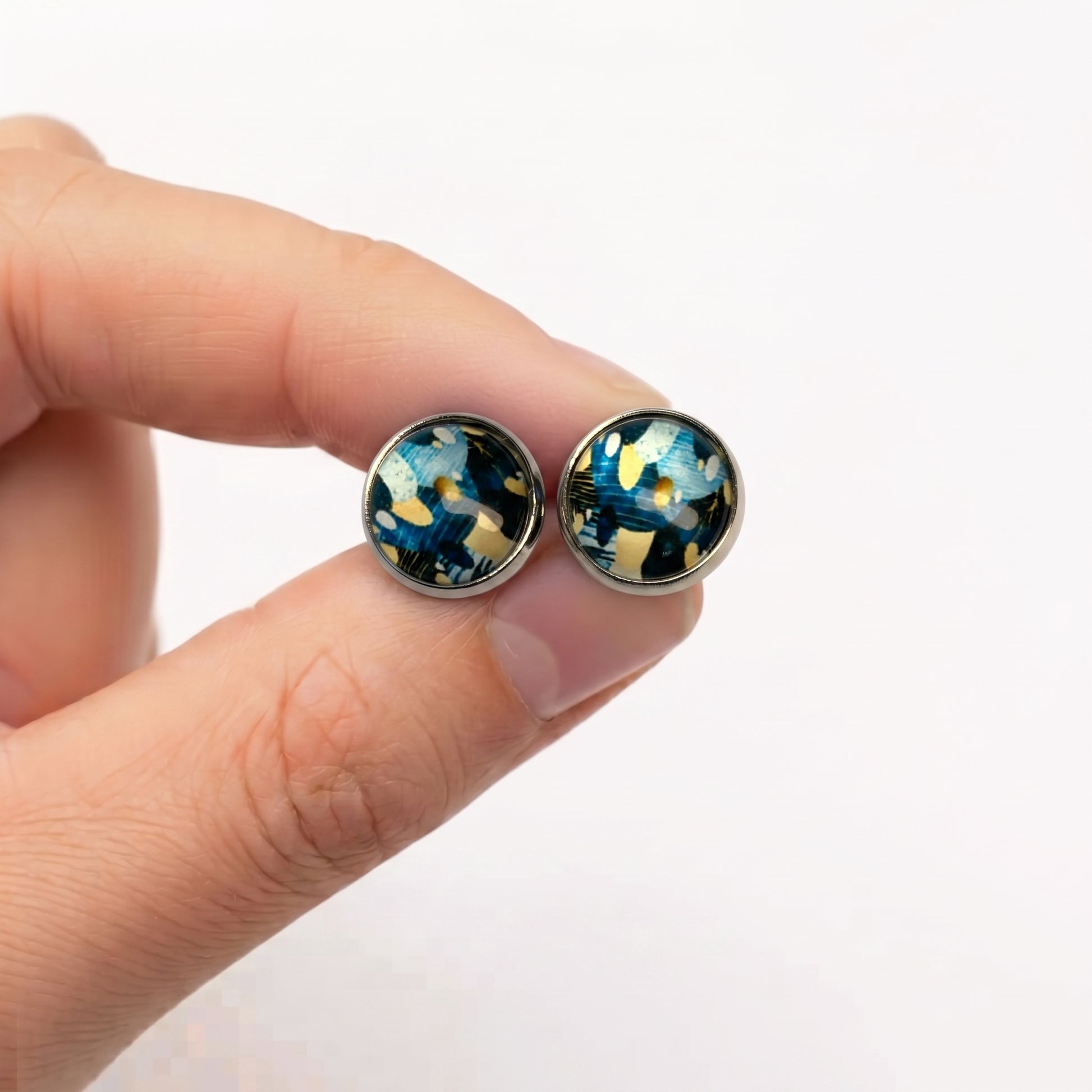 Geometric Artwork Stud Earrings, Handmade Colourful Glass Cabochon Studs