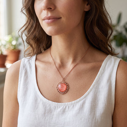 Coral Glitter Filigree Necklace, Handmade Rose Gold Pendant