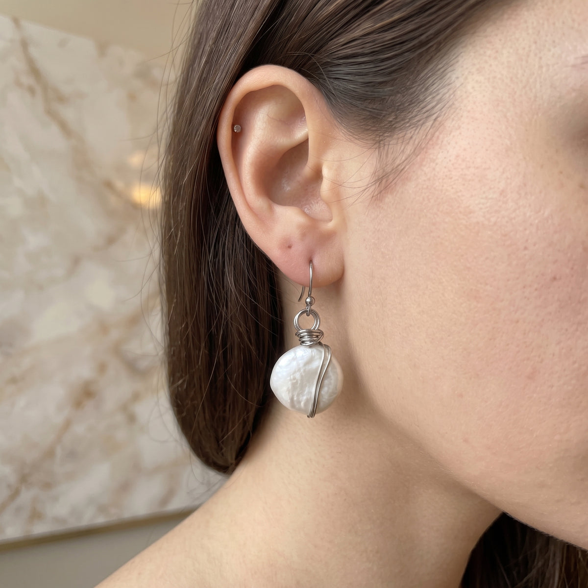 Wire-Wrapped Coin Pearl Drop Earrings – Natural Freshwater Pearl, Handmade