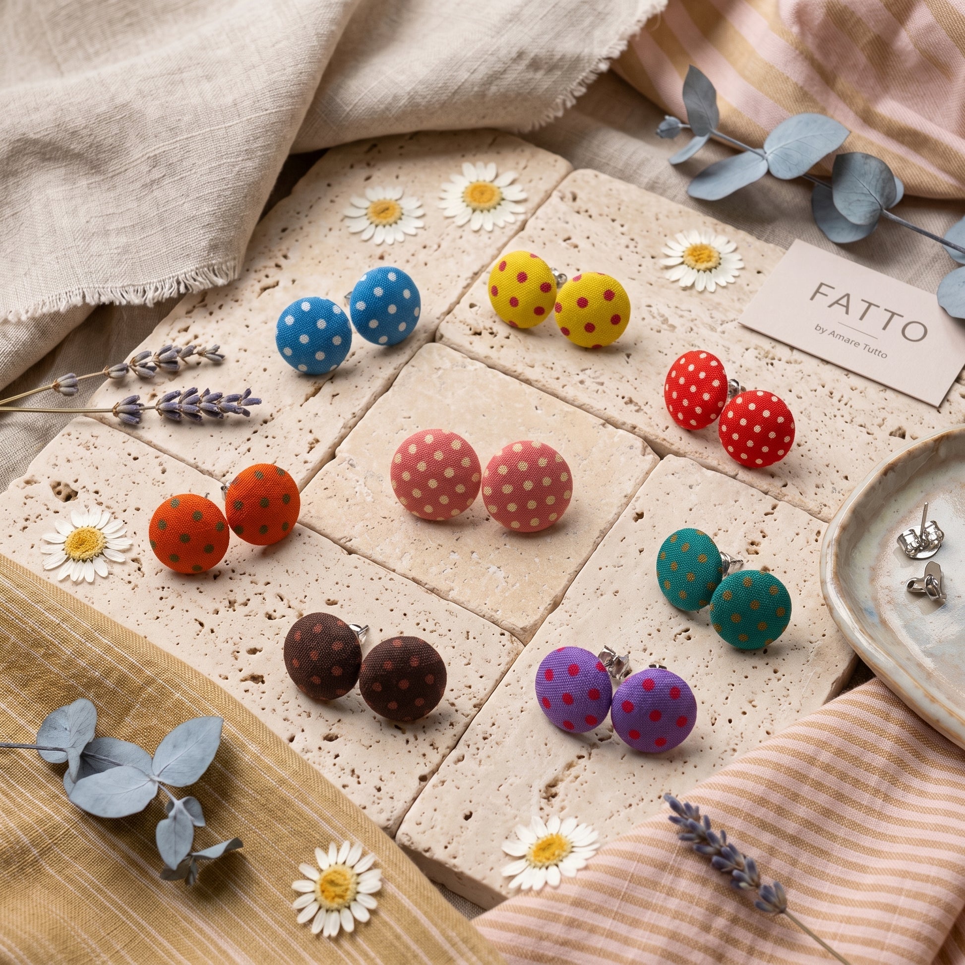 Polka Dot Fabric Button Stud Earrings, Handmade Colourful Studs