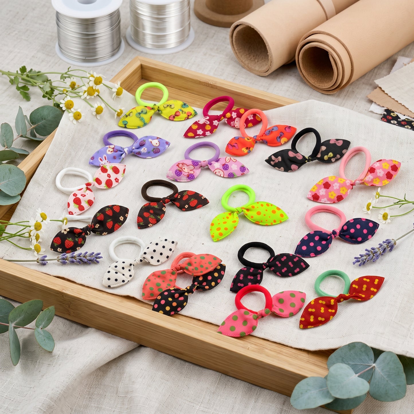 Fabric Bow Hair Ties (2 Pack), Handmade Printed Elastic Bows