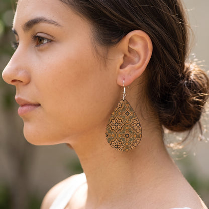 Boho Cork Teardrop Earrings, Handmade Vintage Tile Print Statement Drops