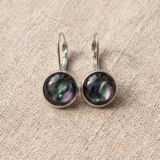 Cosmic Sparkle Drop Earrings, Handmade Iridescent Black Shimmer Studs