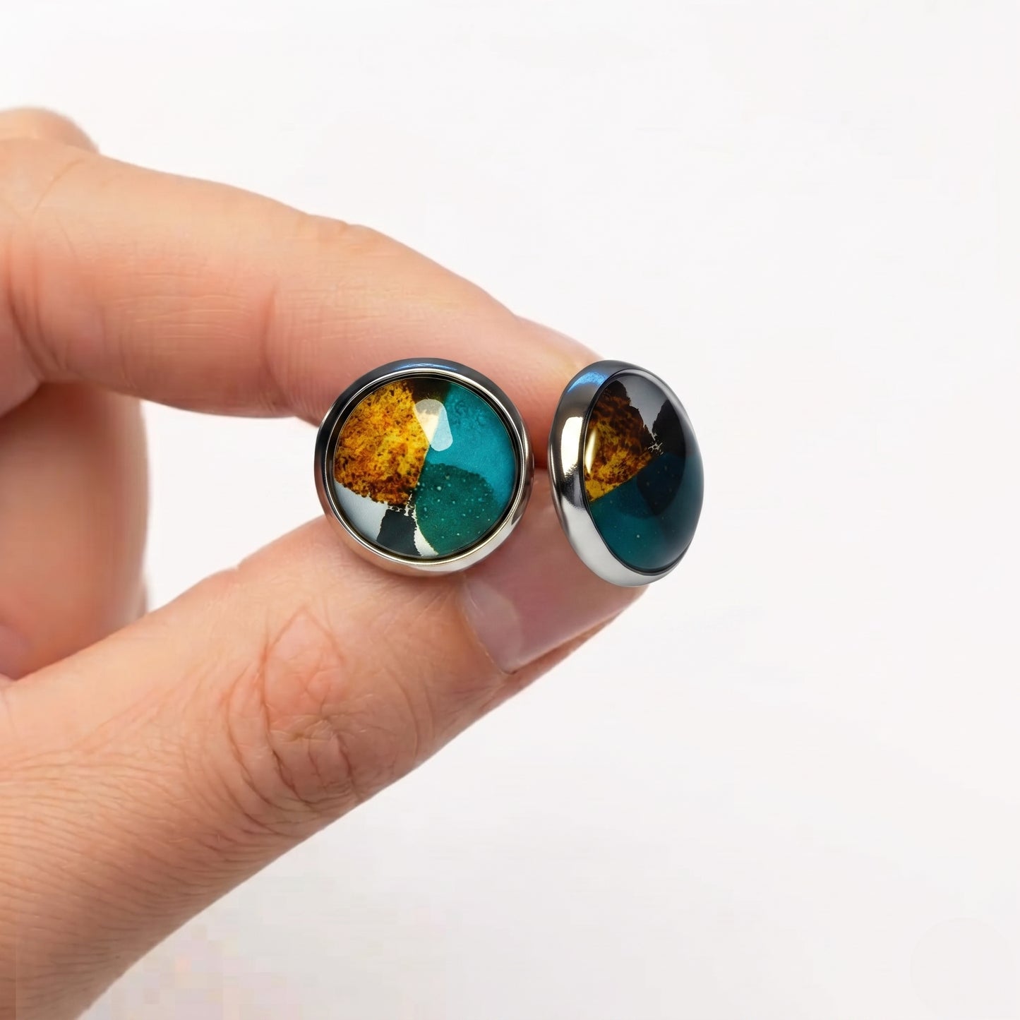 Geometric Artwork Stud Earrings, Handmade Colourful Glass Cabochon Studs