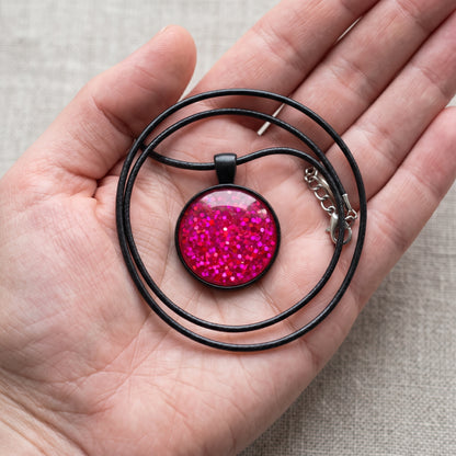 Hot Pink Glitter Dome Necklace, Handmade Statement Pendant