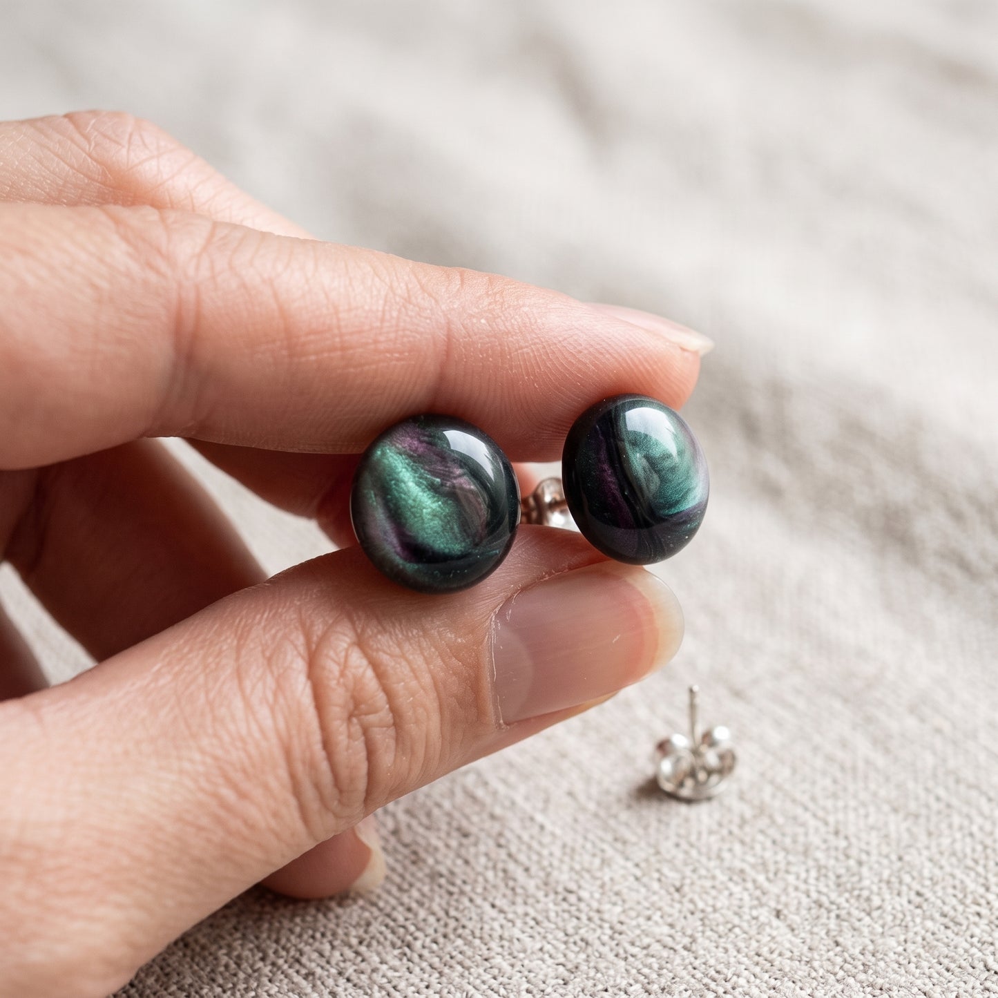 Aurora Borealis Swirl Studs, Handmade Iridescent Dome Earrings