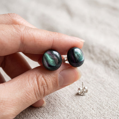 Aurora Borealis Swirl Studs, Handmade Iridescent Dome Earrings