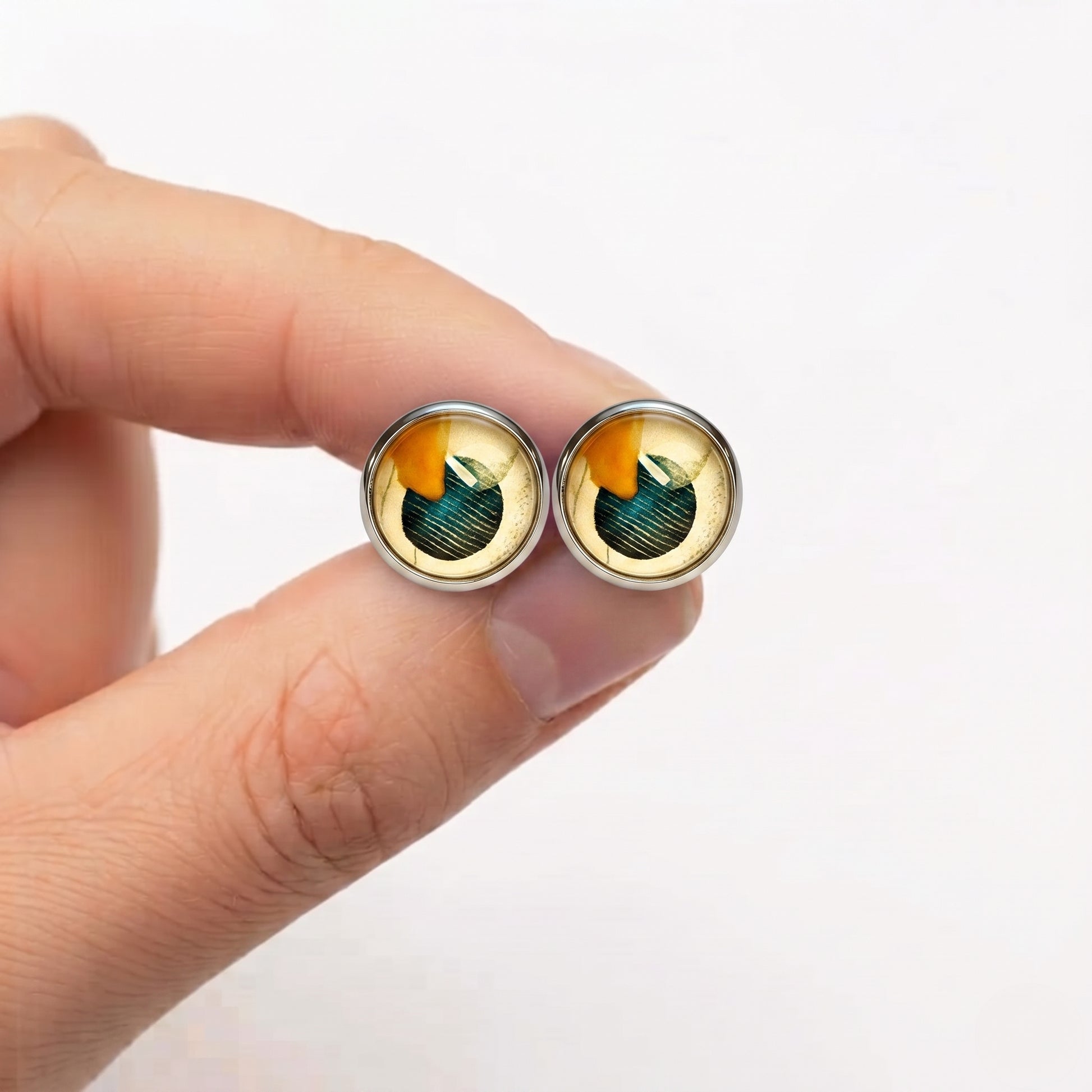 Geometric Artwork Stud Earrings, Handmade Colourful Glass Cabochon Studs
