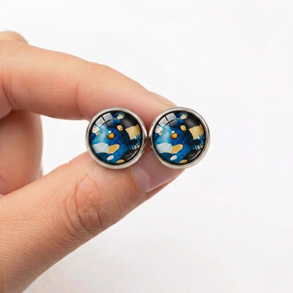 Geometric Artwork Stud Earrings, Handmade Colourful Glass Cabochon Studs