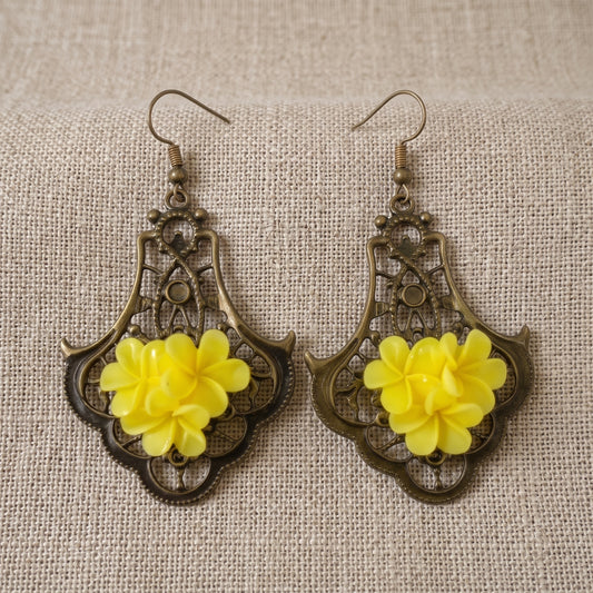 Antique Bronze Floral Drop Earrings, Handmade 3D Statement Dangles