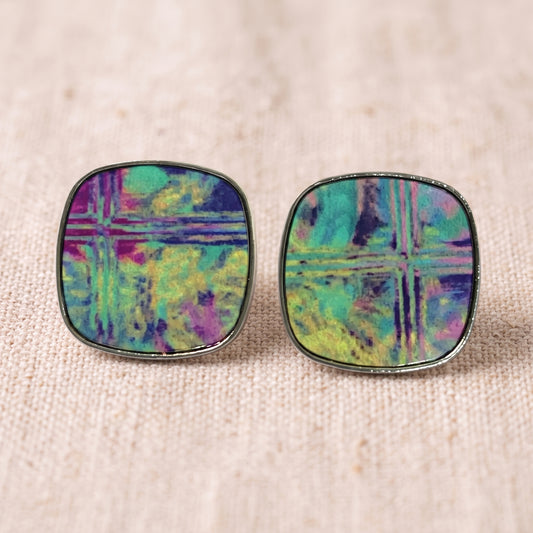 Colourful Printed Square Stud Earrings, Handmade Bold Statement Studs