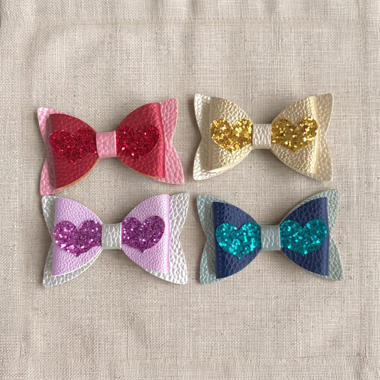 Love Heart Hair Bow, Handmade Pebble & Glitter Clip