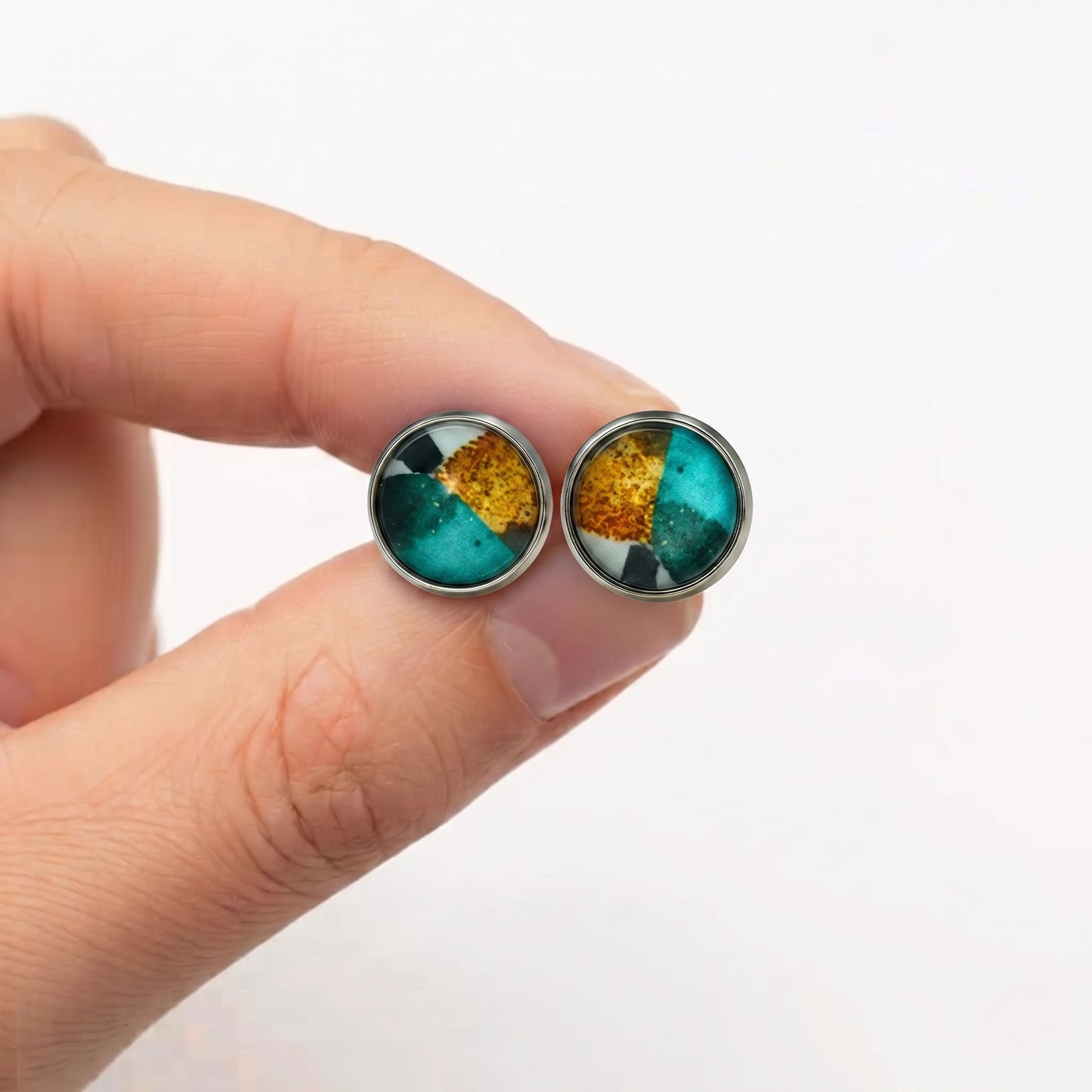 Geometric Artwork Stud Earrings, Handmade Colourful Glass Cabochon Studs