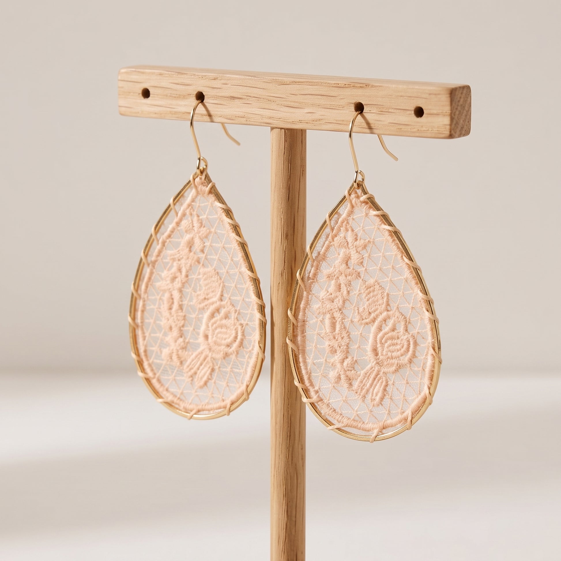 Pink Lace Flower Teardrop Earrings, Handmade Woven Gold Drops