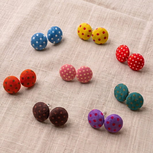 Polka Dot Fabric Button Stud Earrings, Handmade Colourful Studs