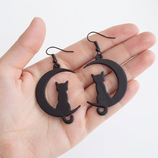 Cat on the Moon Dangle Earrings | Halloween Whimsical Drop Earrings