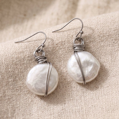 Wire-Wrapped Coin Pearl Drop Earrings – Natural Freshwater Pearl, Handmade