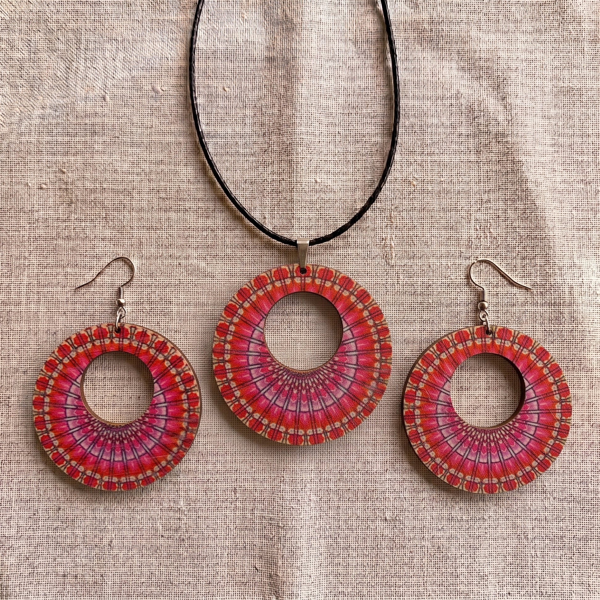 Boho Wooden Necklace & Earrings Set – Style 13, Handmade Matching Printed Wood Jewellery